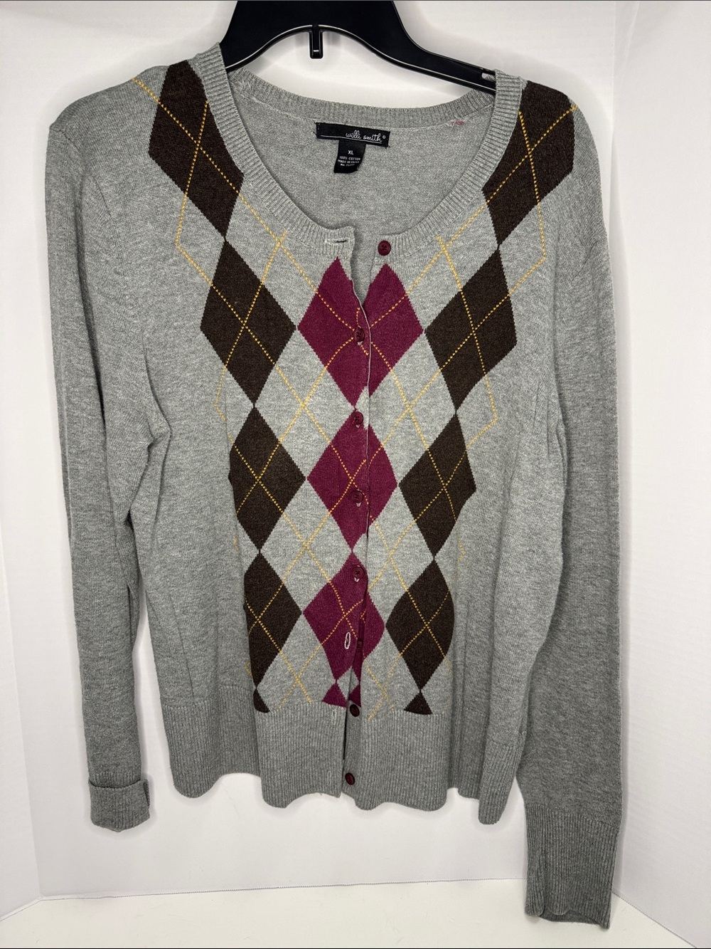 Willi Smith Gray Cardigan with Burgundy & Brown Argyle